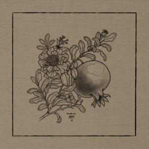 image of illustration of a pomegranate branch with a whole fruit, a bigger flower, and some smaller buds; designed for tattooing